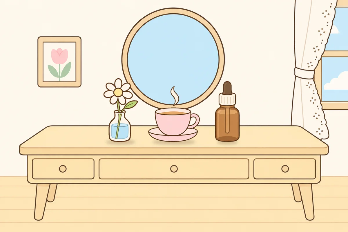 은평구 여성전용 경락 케어 안내 그림, 화장대 위의 데이지 꽃병, 찻잔, 오일병