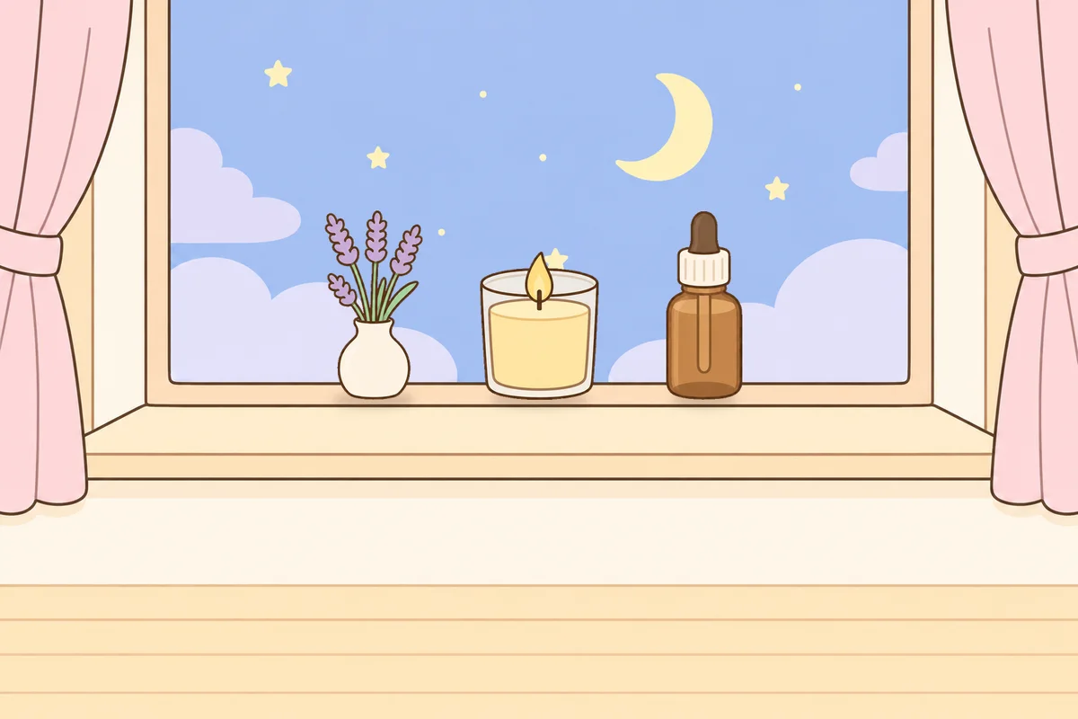 은평구 여성전용 홈케어 안내 그림, 밤 창가 창턱 위의 라벤더 꽃병, 향초, 오일병