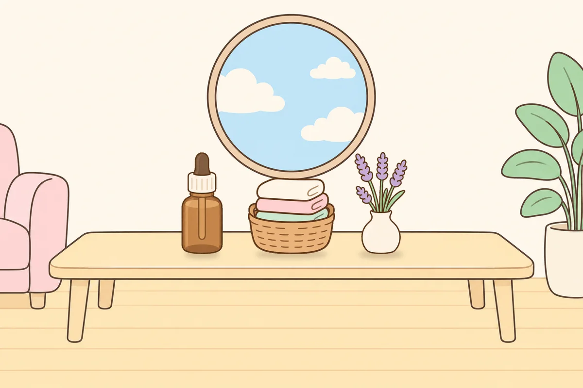 은평구 여성전용 바디 케어 안내 그림, 거실 원목 테이블 위의 오일병, 수건 바구니, 라벤더 꽃병