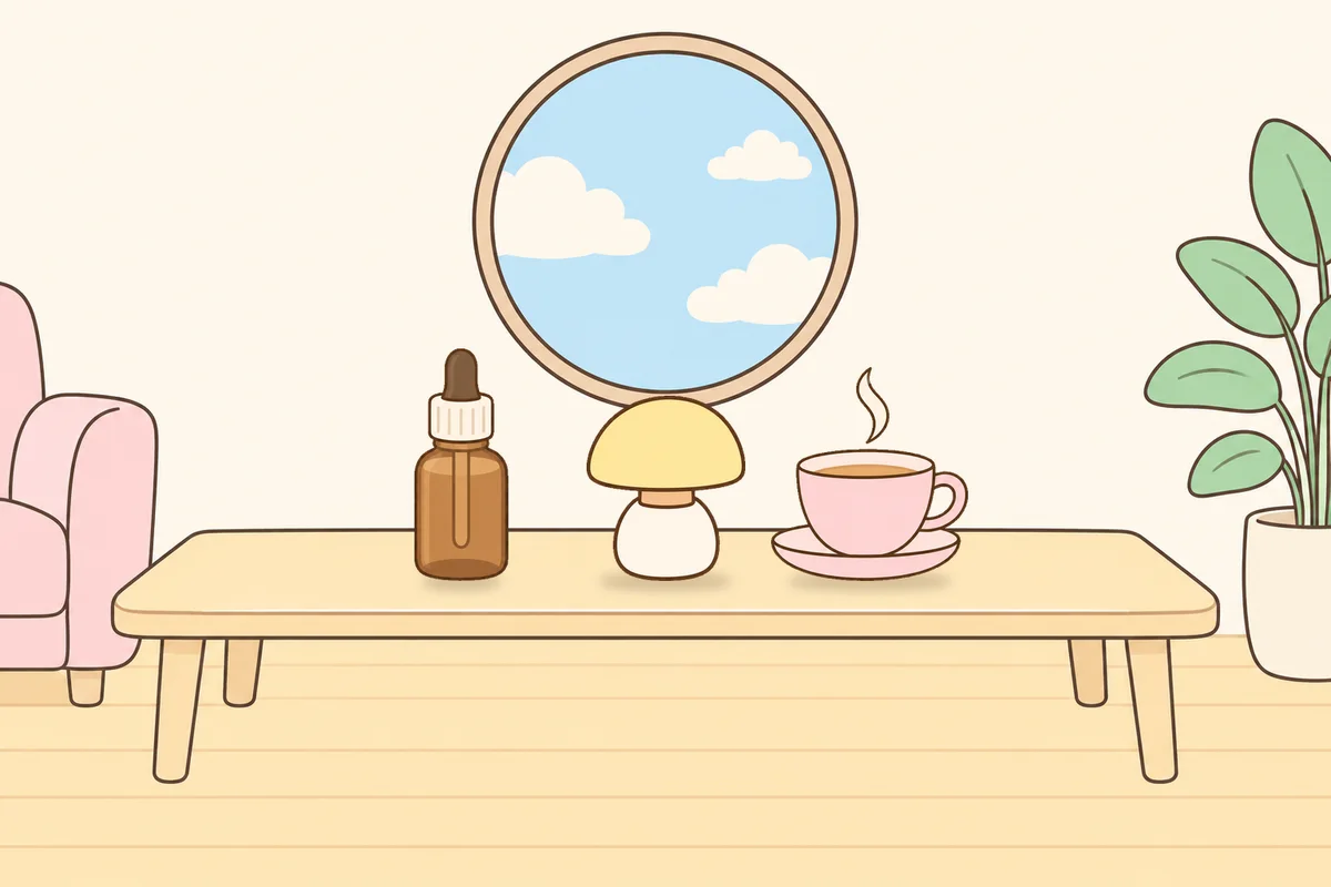은평구 여성전용 슬리밍 마사지 안내 그림, 거실 원목 테이블 위의 오일병, 무드등, 찻잔