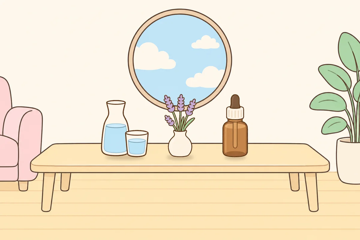 은평구 여성전용 두피 마사지 안내 그림, 거실 원목 테이블 위의 물병, 라벤더 꽃병, 오일병