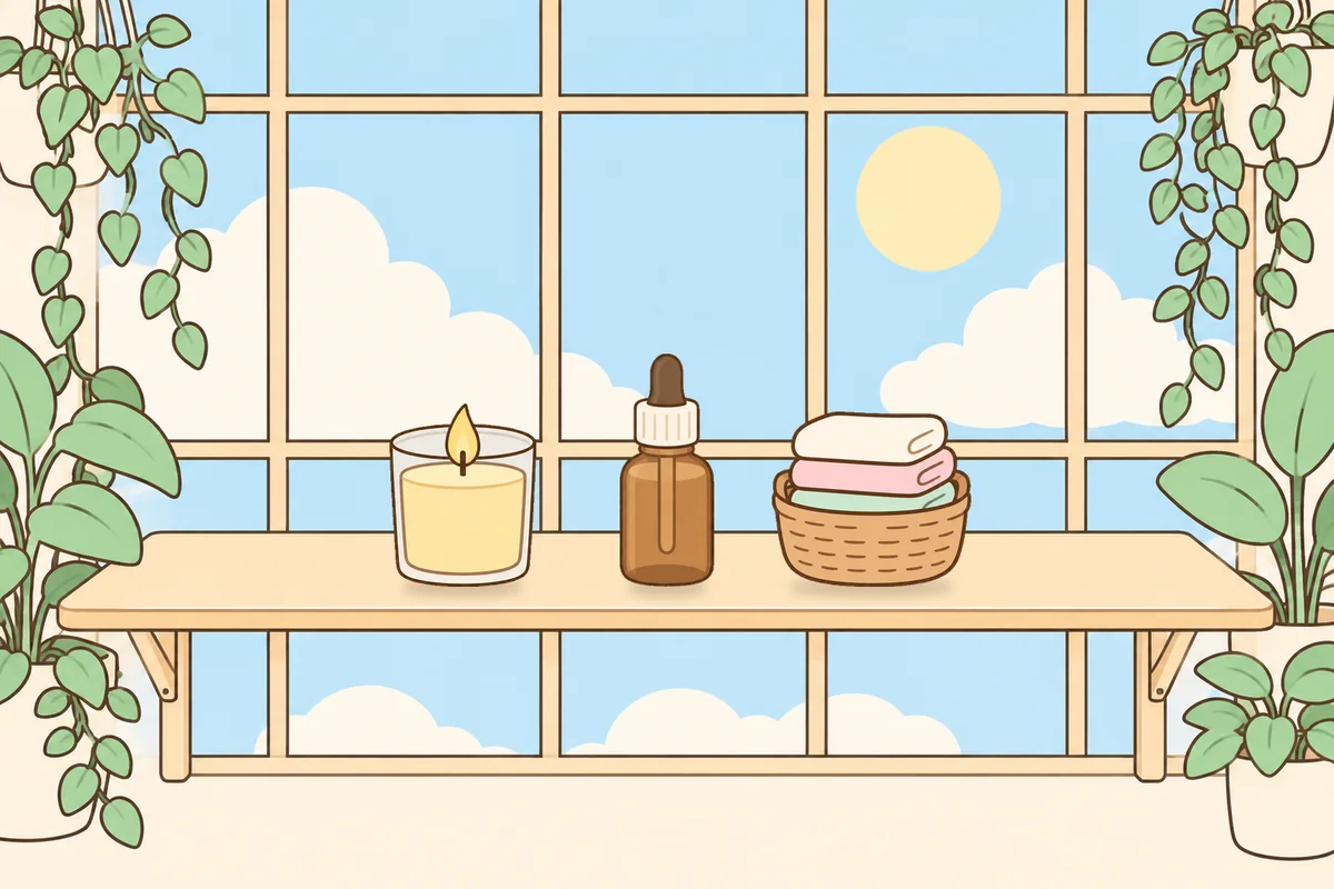 은평구 여성전용 두피 케어 안내 그림, 햇살 드는 창가 선반 위의 향초, 오일병, 수건 바구니