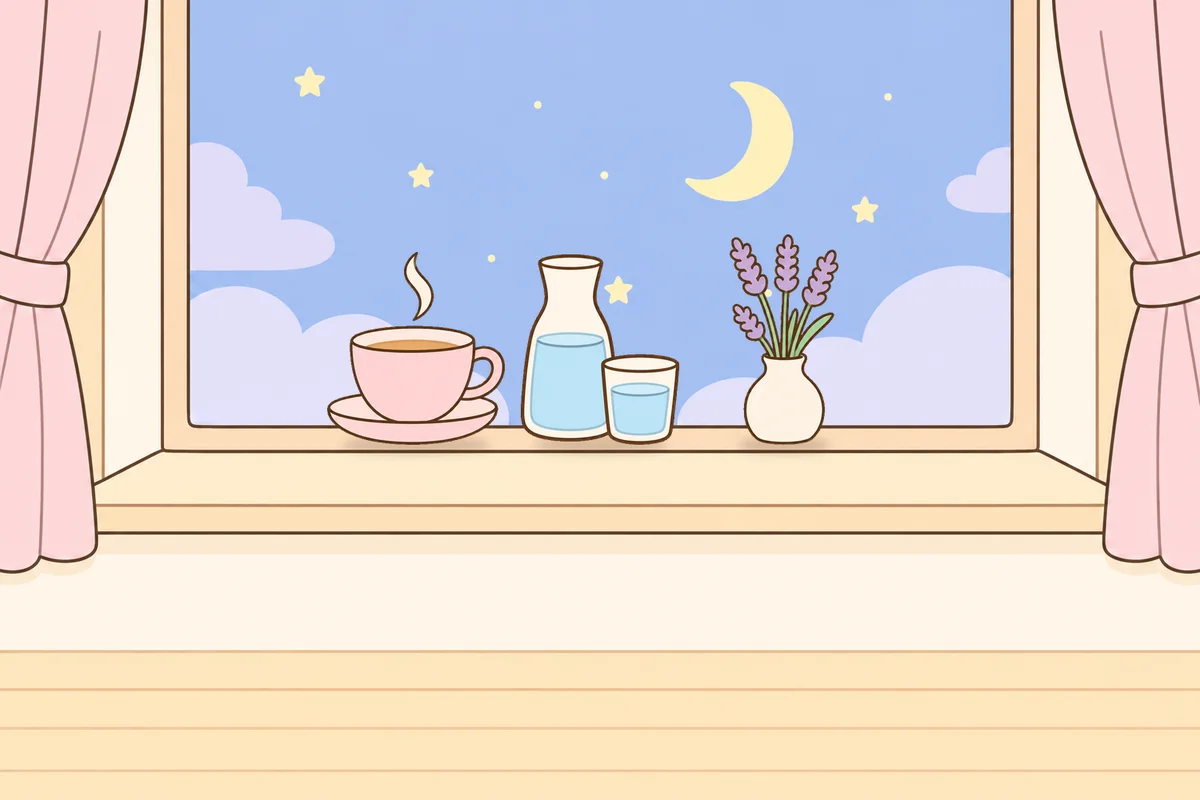 은평구 여성전용 목 어깨 케어 안내 그림, 밤 창가 창턱 위의 찻잔, 물병, 라벤더 꽃병