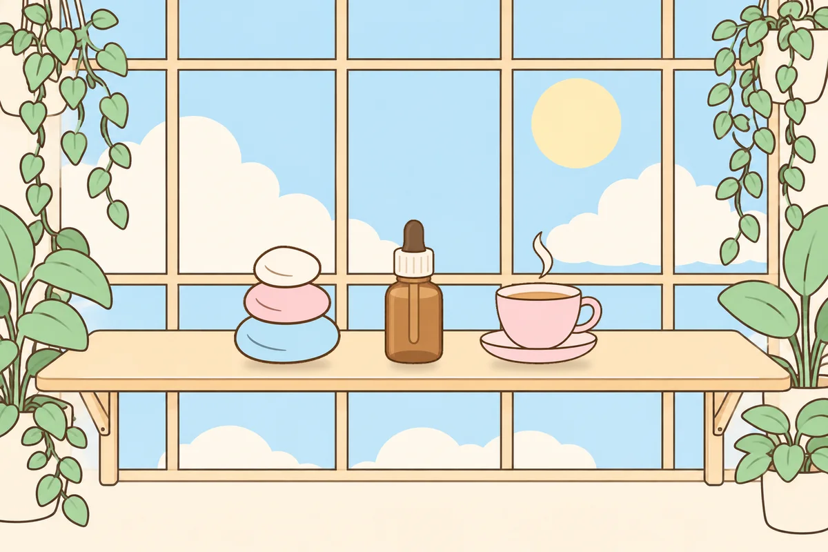 서대문 여성전용 아로마테라피 안내 그림, 햇살 드는 창가 선반 위의 조약돌, 오일병, 찻잔