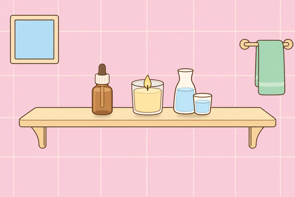서대문 여성전용 스웨디시 가격 안내 그림, 파우더룸 선반 위의 오일병, 향초, 물병
