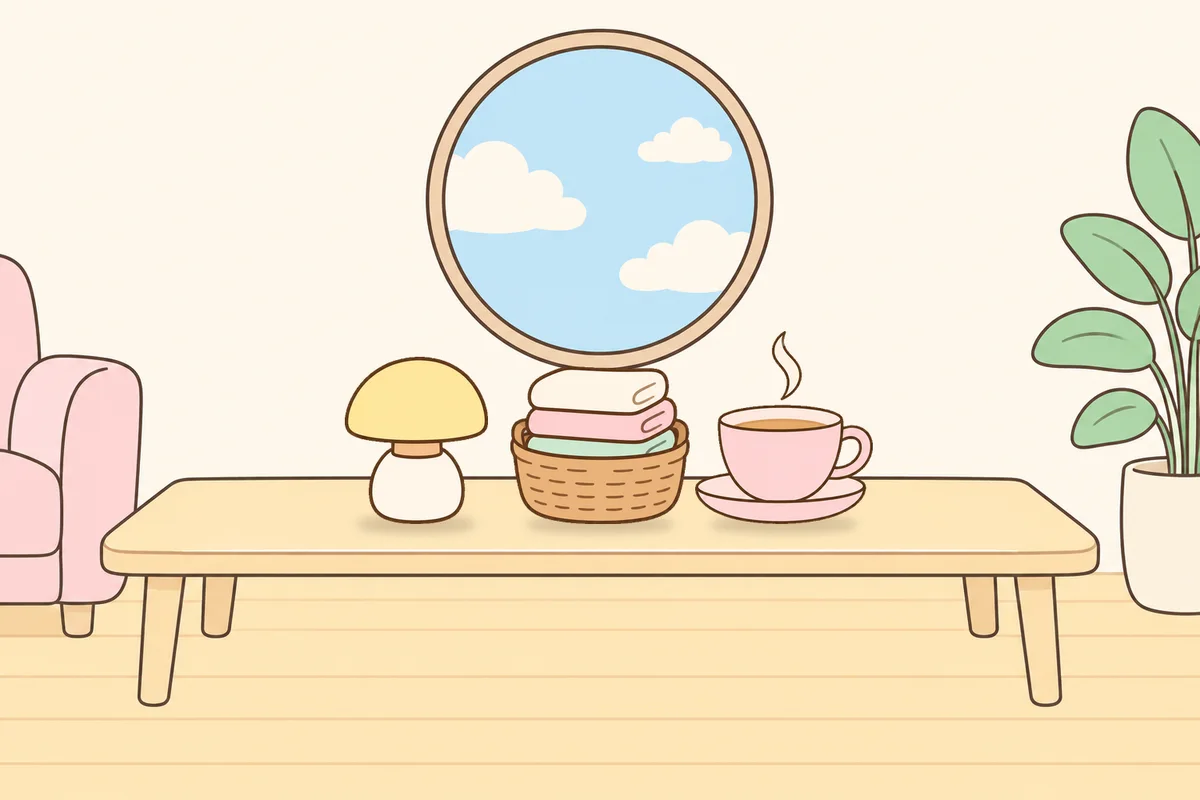 서대문 여성전용 아로마 추천 안내 그림, 거실 원목 테이블 위의 무드등, 수건 바구니, 찻잔