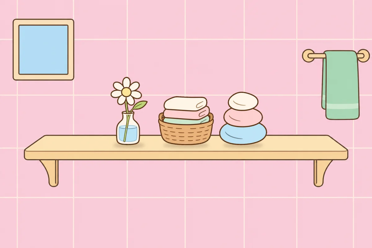 서대문 여성전용 경락 가격 안내 그림, 파우더룸 선반 위의 데이지 꽃병, 수건 바구니, 조약돌