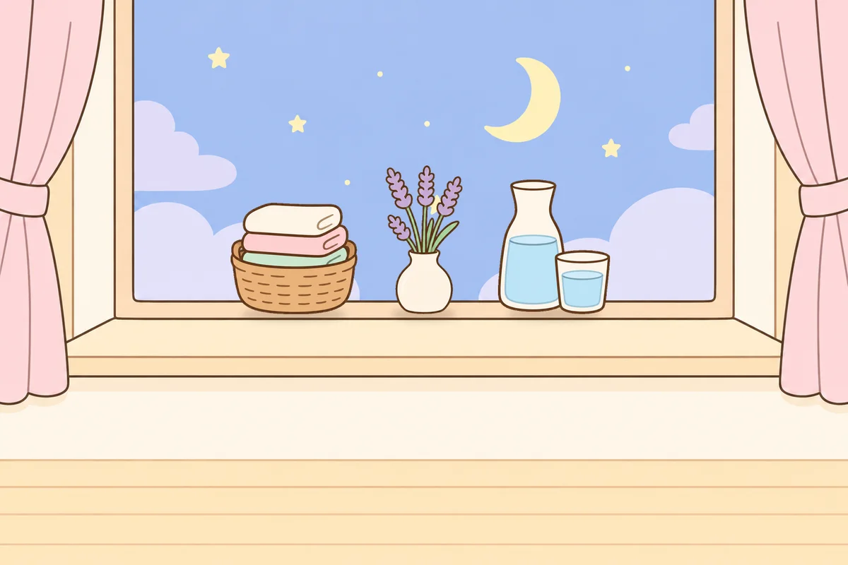 서대문 여성전용 홈케어 안내 그림, 밤 창가 창턱 위의 수건 바구니, 라벤더 꽃병, 물병
