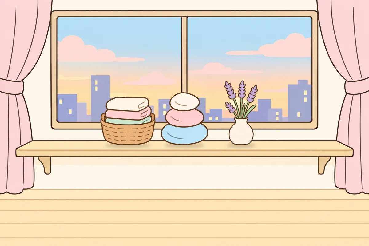 서대문 여성전용 홈케어 서비스 안내 그림, 호텔 창가 선반 위의 수건 바구니, 조약돌, 라벤더 꽃병