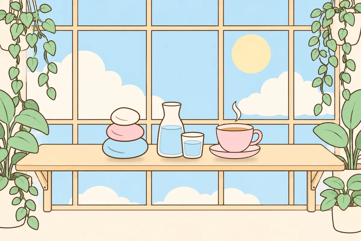 서대문 여성전용 홈케어 후기 안내 그림, 햇살 드는 창가 선반 위의 조약돌, 물병, 찻잔