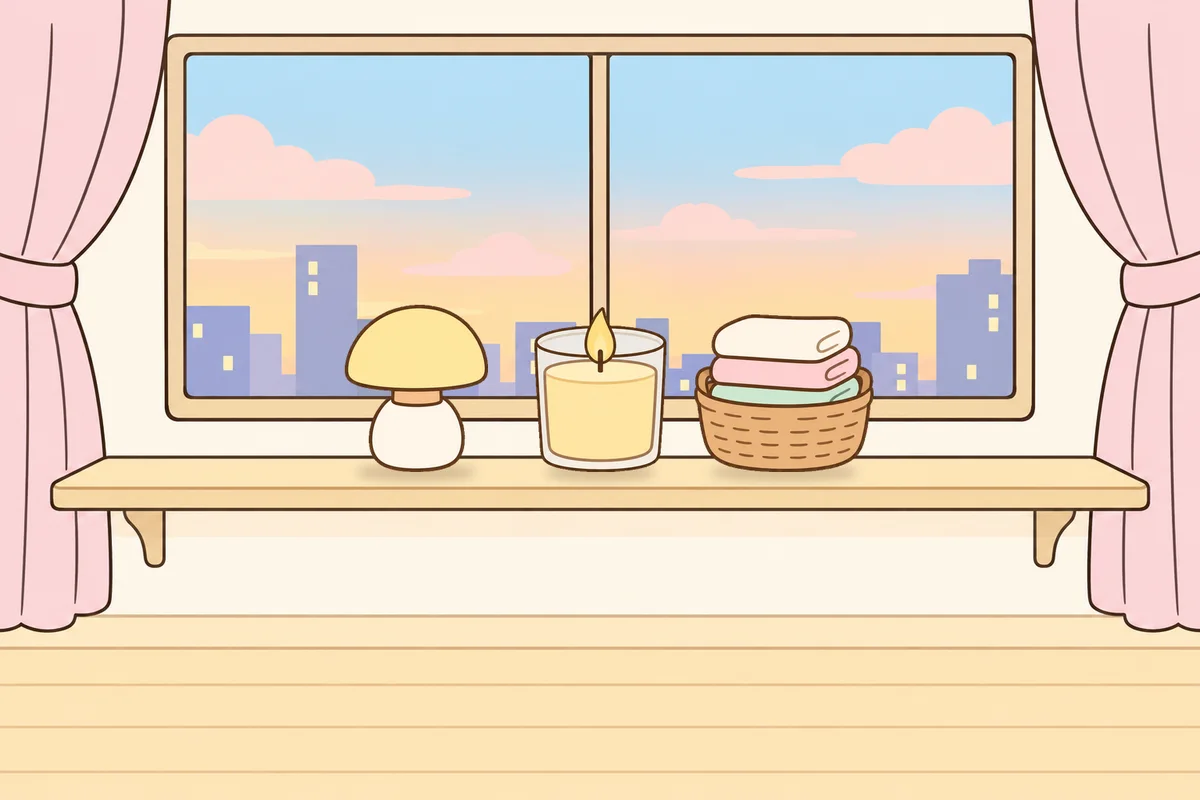서대문 여성전용 발 부종 케어 안내 그림, 호텔 창가 선반 위의 무드등, 향초, 수건 바구니