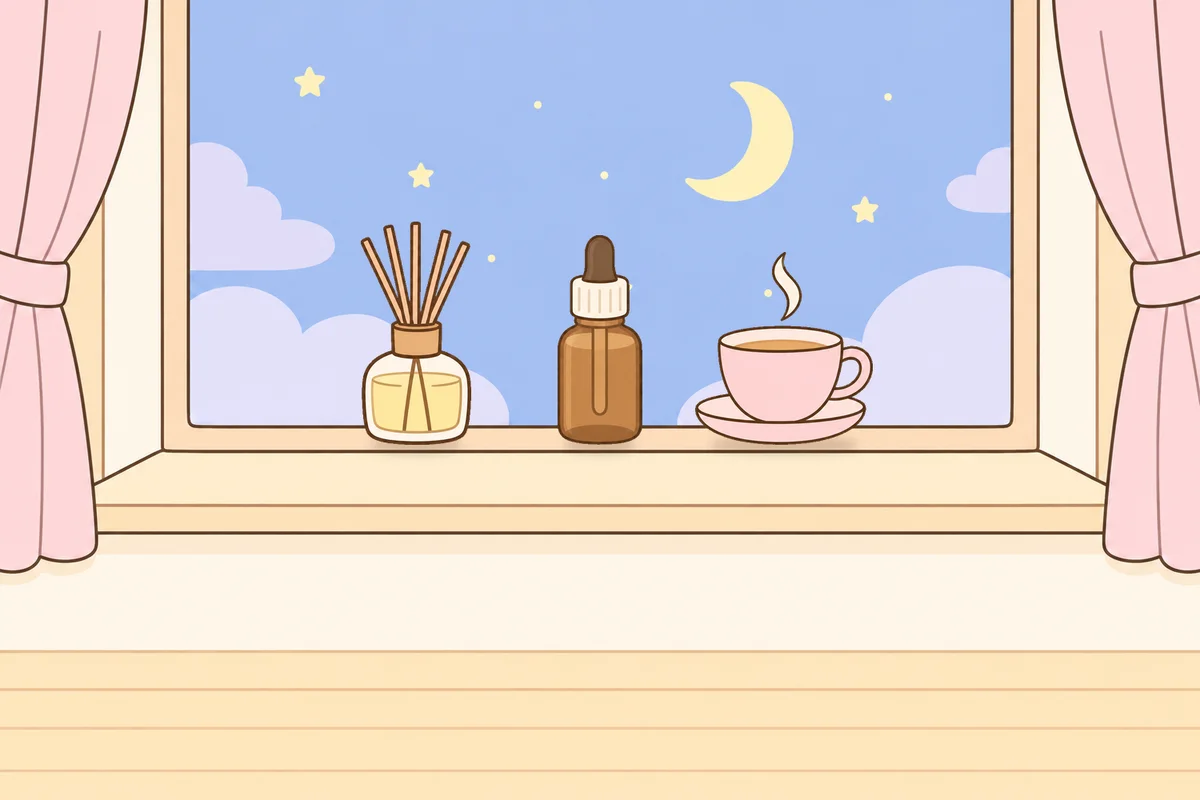 서대문 여성전용 림프 마사지 안내 그림, 밤 창가 창턱 위의 디퓨저, 오일병, 찻잔