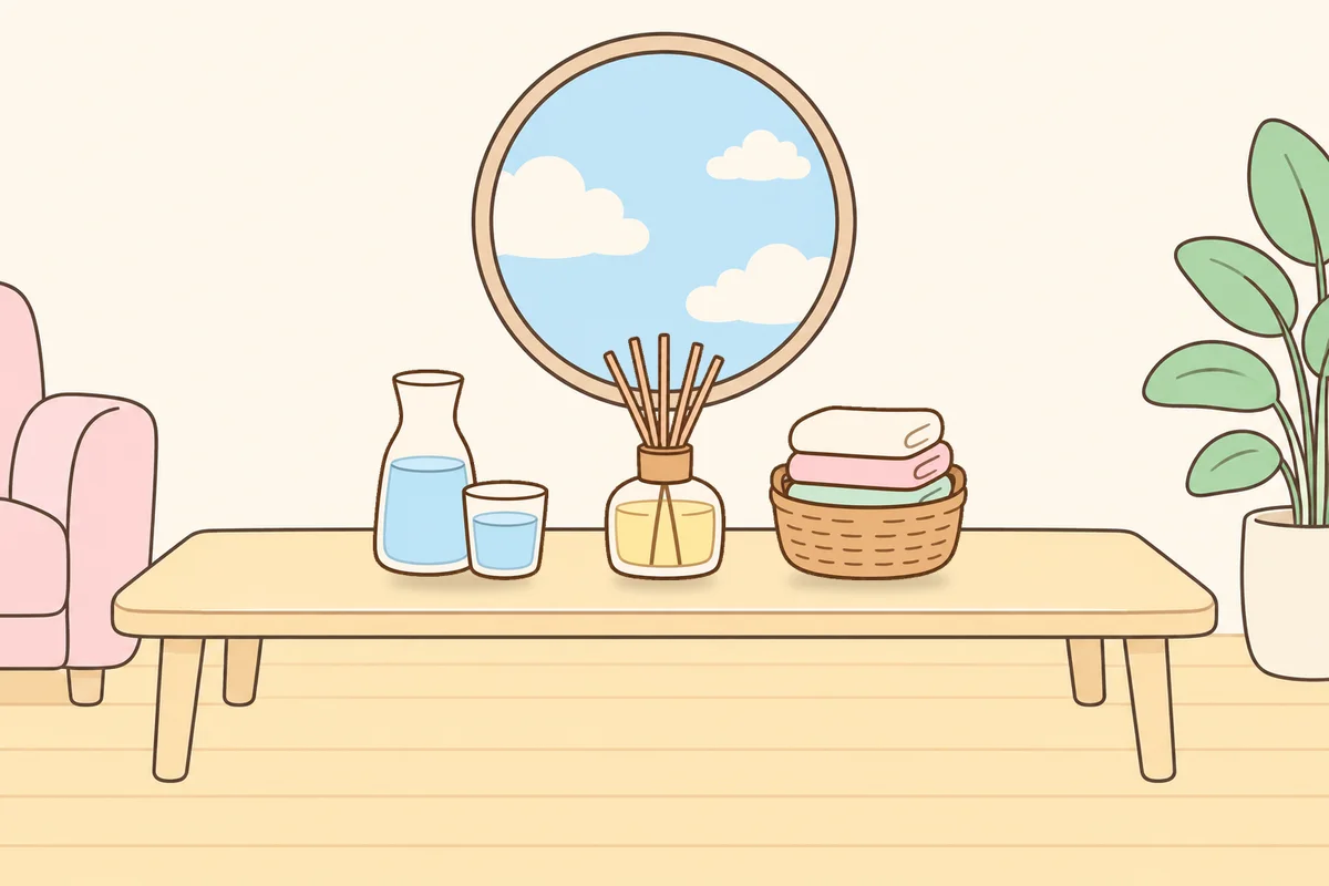 서대문 여성전용 부종 케어 안내 그림, 거실 원목 테이블 위의 물병, 디퓨저, 수건 바구니
