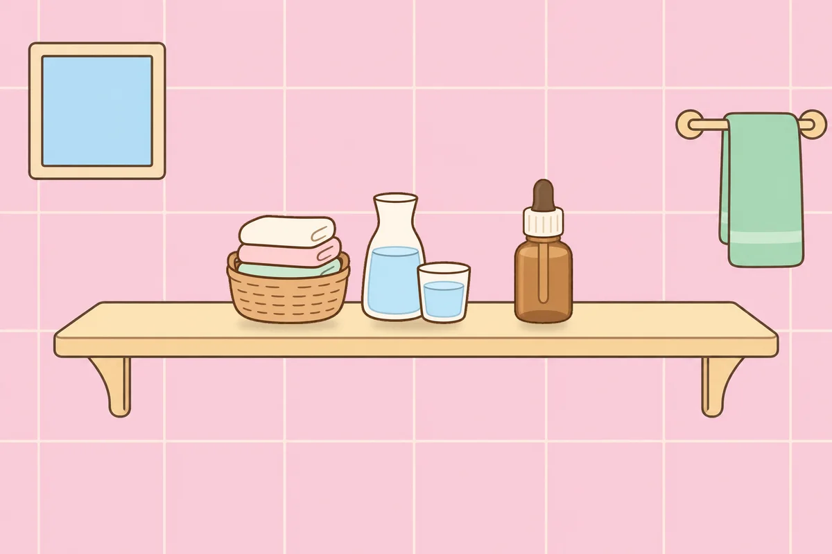 서대문 여성전용 림프 페이셜 안내 그림, 파우더룸 선반 위의 수건 바구니, 물병, 오일병