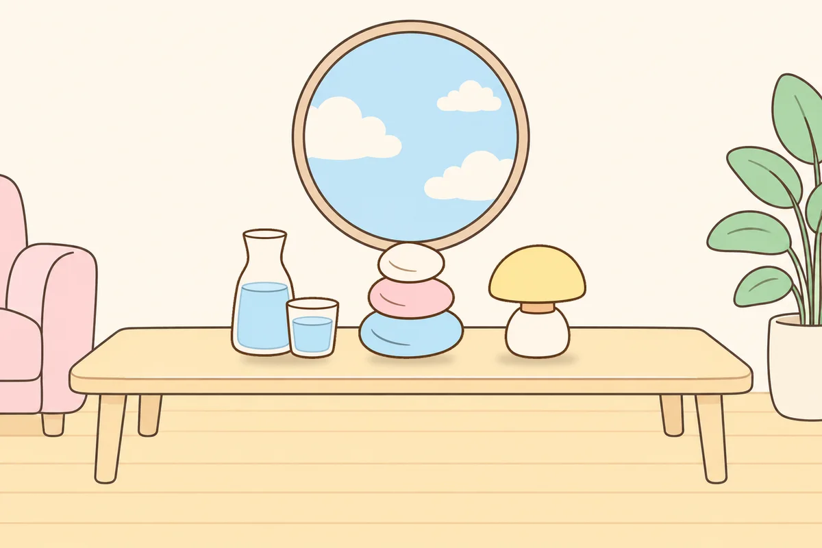 서대문 여성전용 마사지 후기 안내 그림, 거실 원목 테이블 위의 물병, 조약돌, 무드등