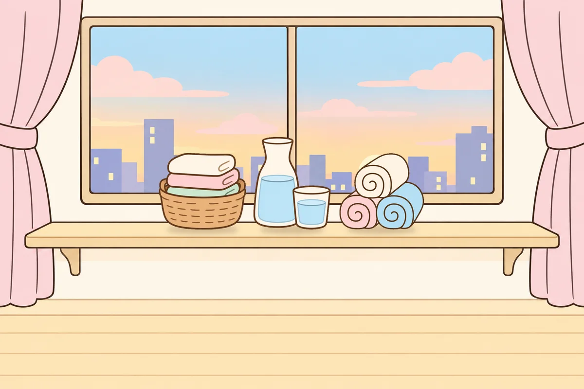 종로 여성전용 스웨디시 마사지 안내 그림, 호텔 창가 선반 위의 수건 바구니, 물병, 수건