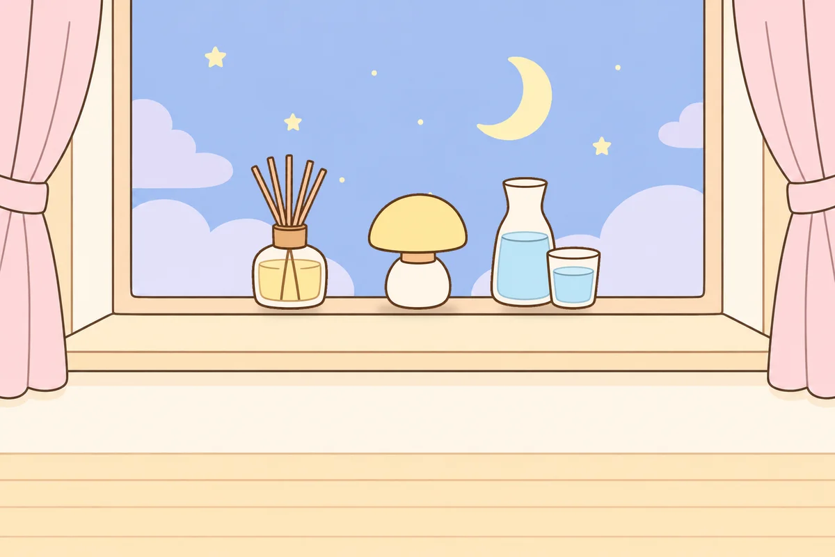 종로 여성전용 아로마 마사지 안내 그림, 밤 창가 창턱 위의 디퓨저, 무드등, 물병