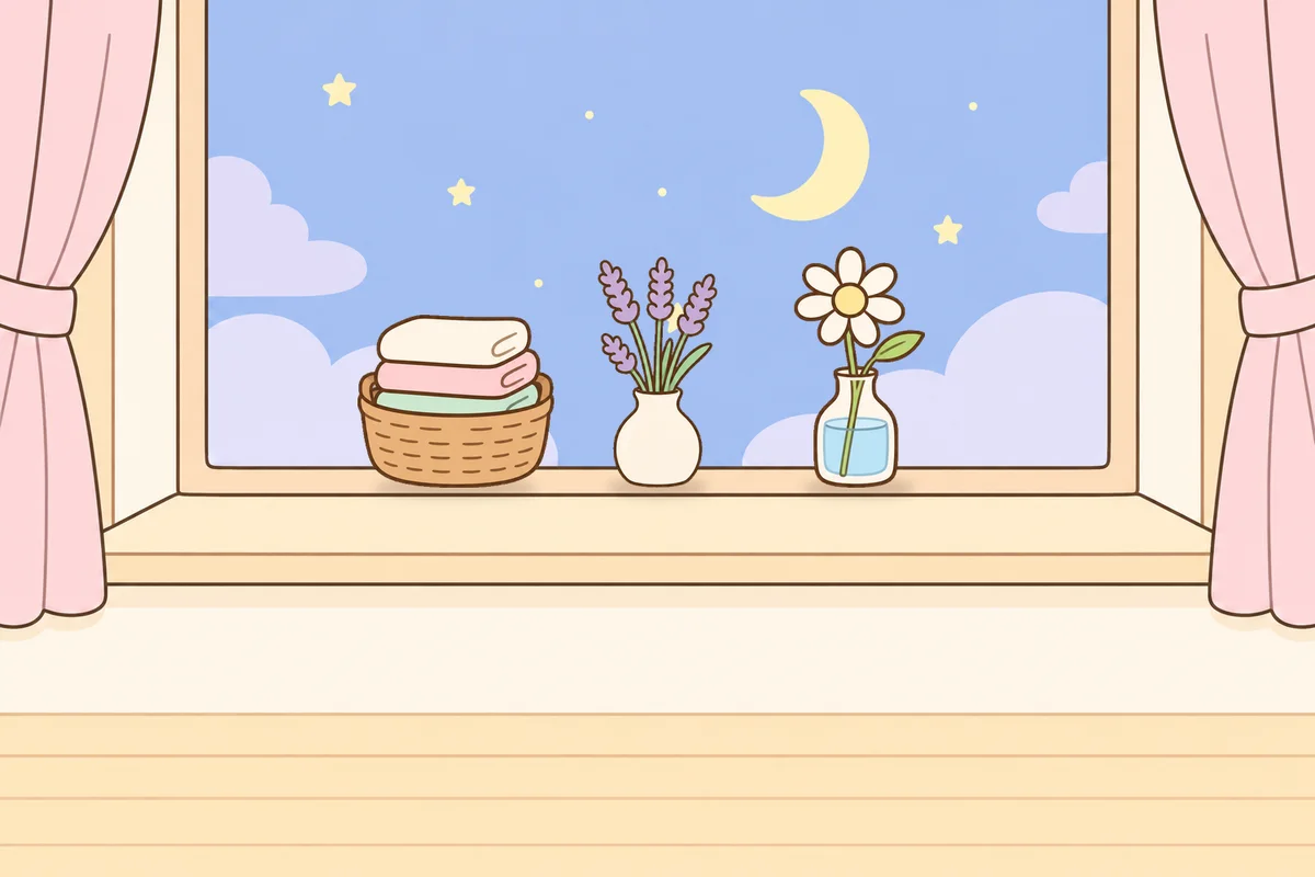 종로 여성전용 스웨디시 홈케어 안내 그림, 밤 창가 창턱 위의 수건 바구니, 라벤더 꽃병, 데이지 꽃병