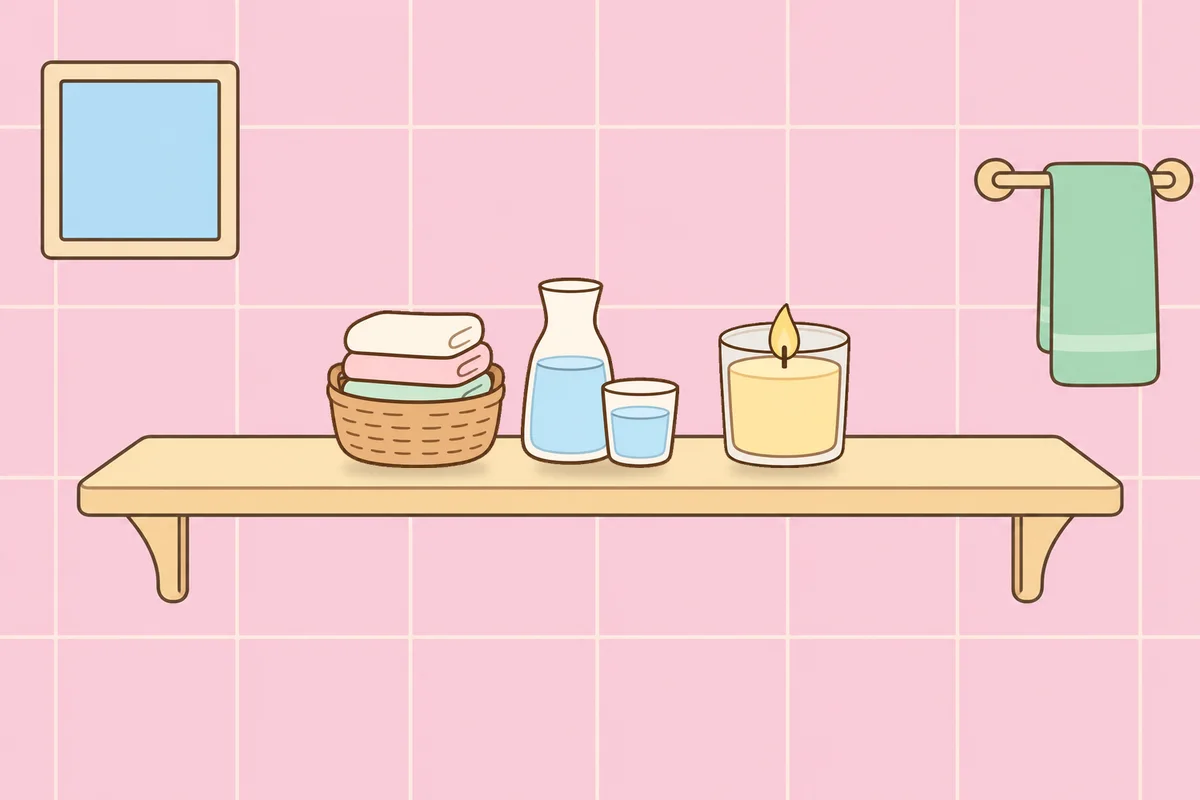 종로 여성전용 스웨디시 가격 안내 그림, 파우더룸 선반 위의 수건 바구니, 물병, 향초