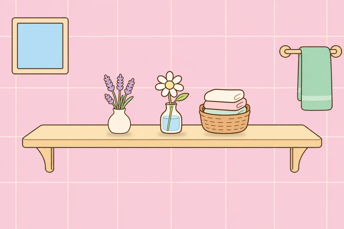 종로 여성전용 아로마 가격 안내 그림, 파우더룸 선반 위의 라벤더 꽃병, 데이지 꽃병, 수건 바구니