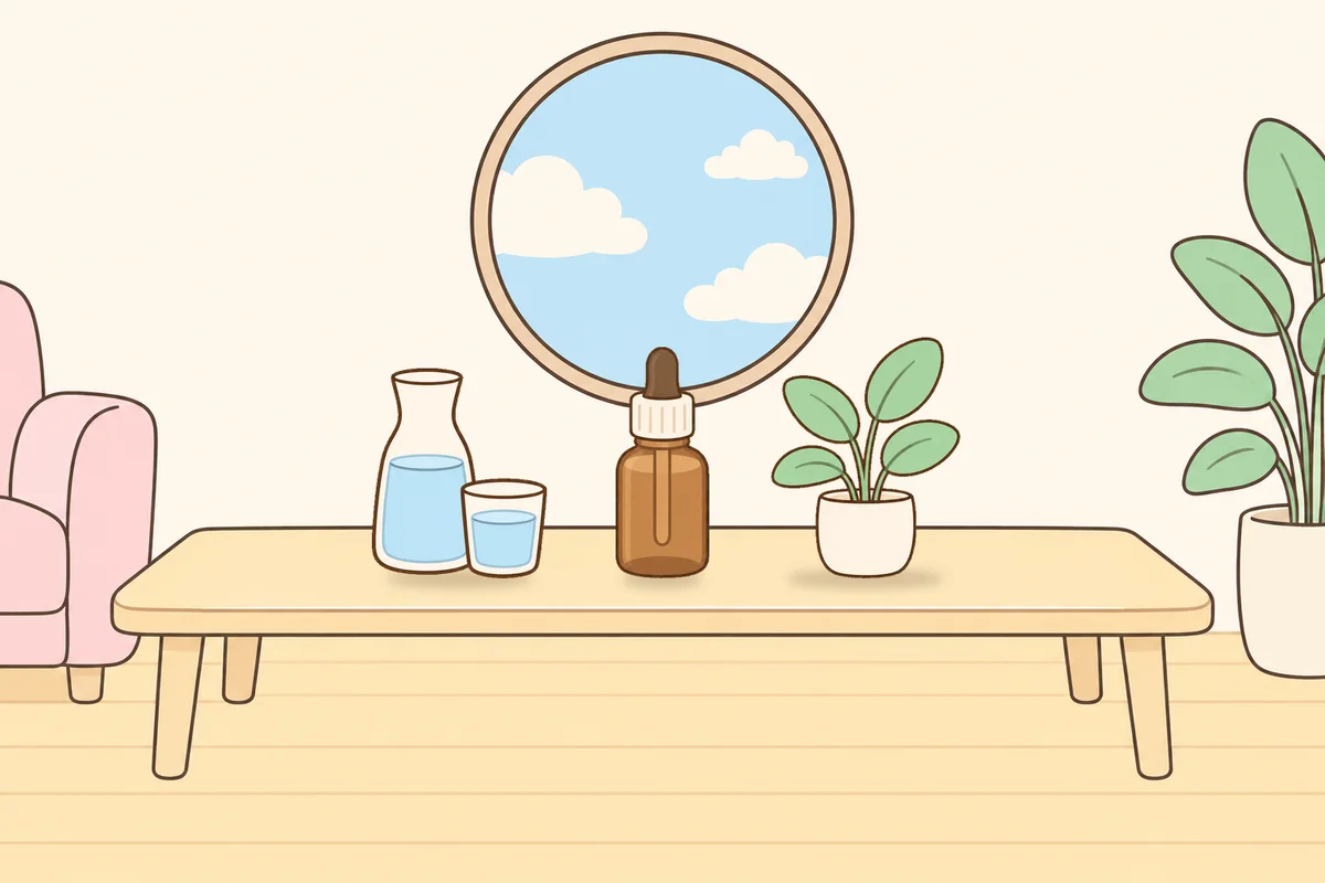 종로 여성전용 경락 마사지 안내 그림, 거실 원목 테이블 위의 물병, 오일병, 화분