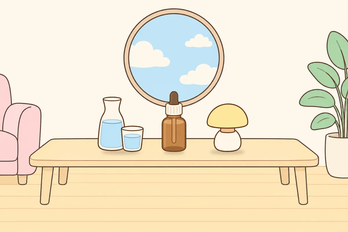 종로 여성전용 바디 경락 안내 그림, 거실 원목 테이블 위의 물병, 오일병, 무드등
