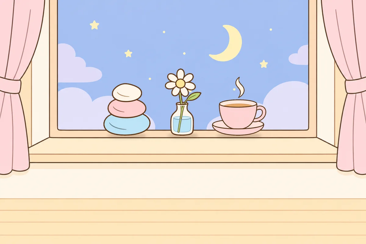 종로 여성전용 발 부종 케어 안내 그림, 밤 창가 창턱 위의 조약돌, 데이지 꽃병, 찻잔