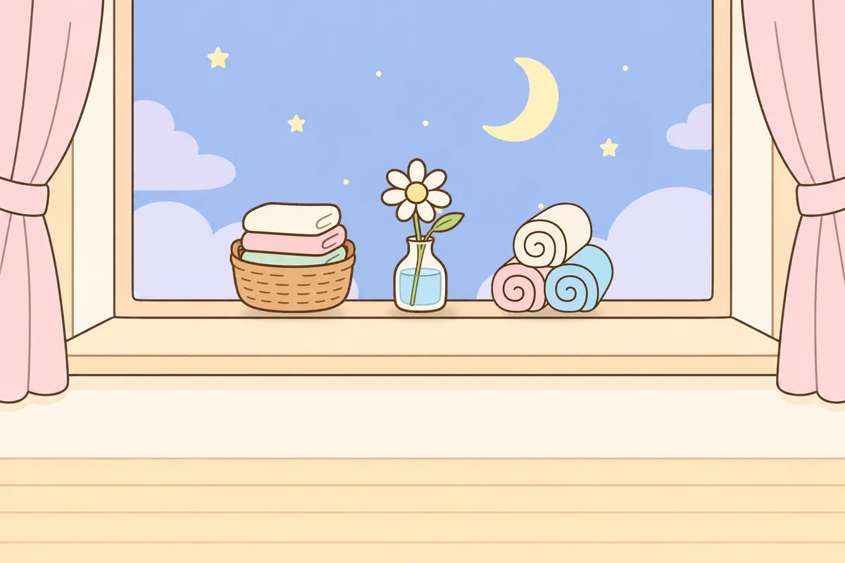 종로 여성전용 셀룰라이트 관리 안내 그림, 밤 창가 창턱 위의 수건 바구니, 데이지 꽃병, 수건
