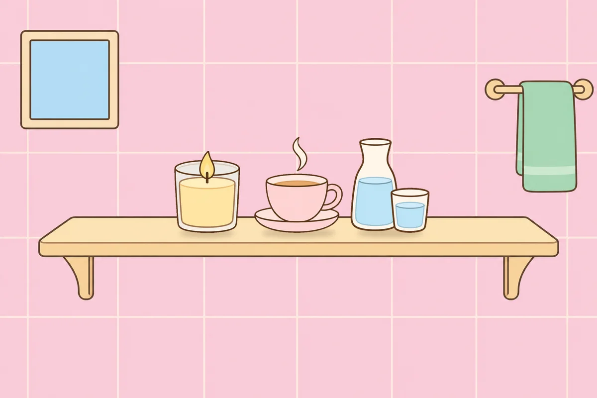 종로 여성전용 슬리밍 마사지 안내 그림, 파우더룸 선반 위의 향초, 찻잔, 물병