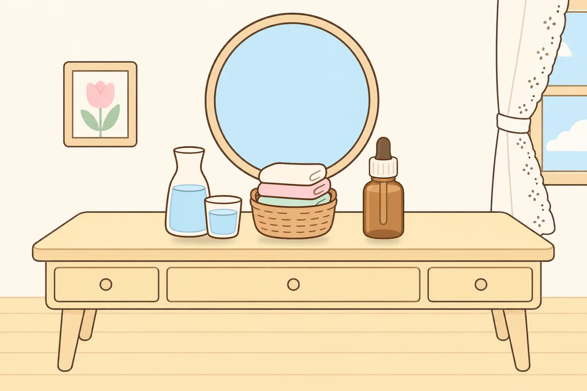 종로 여성전용 디톡스 마사지 안내 그림, 화장대 위의 물병, 수건 바구니, 오일병
