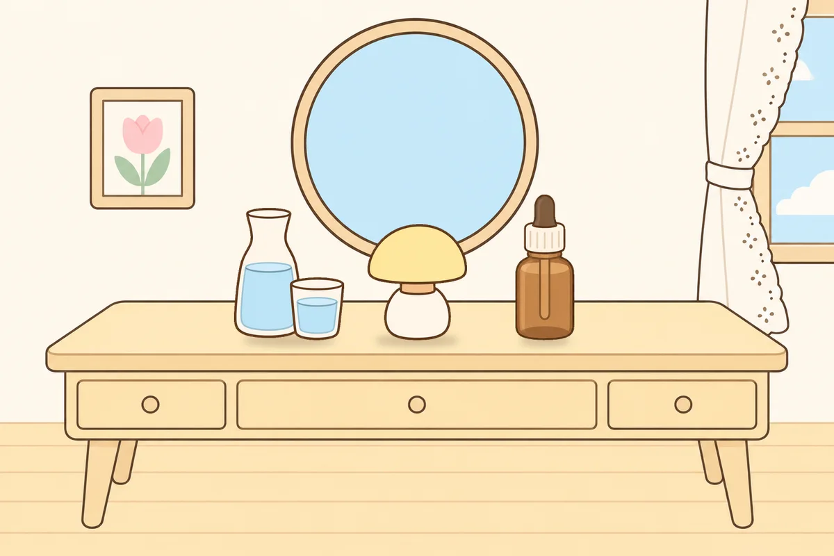 종로 여성전용 두피 마사지 안내 그림, 화장대 위의 물병, 무드등, 오일병