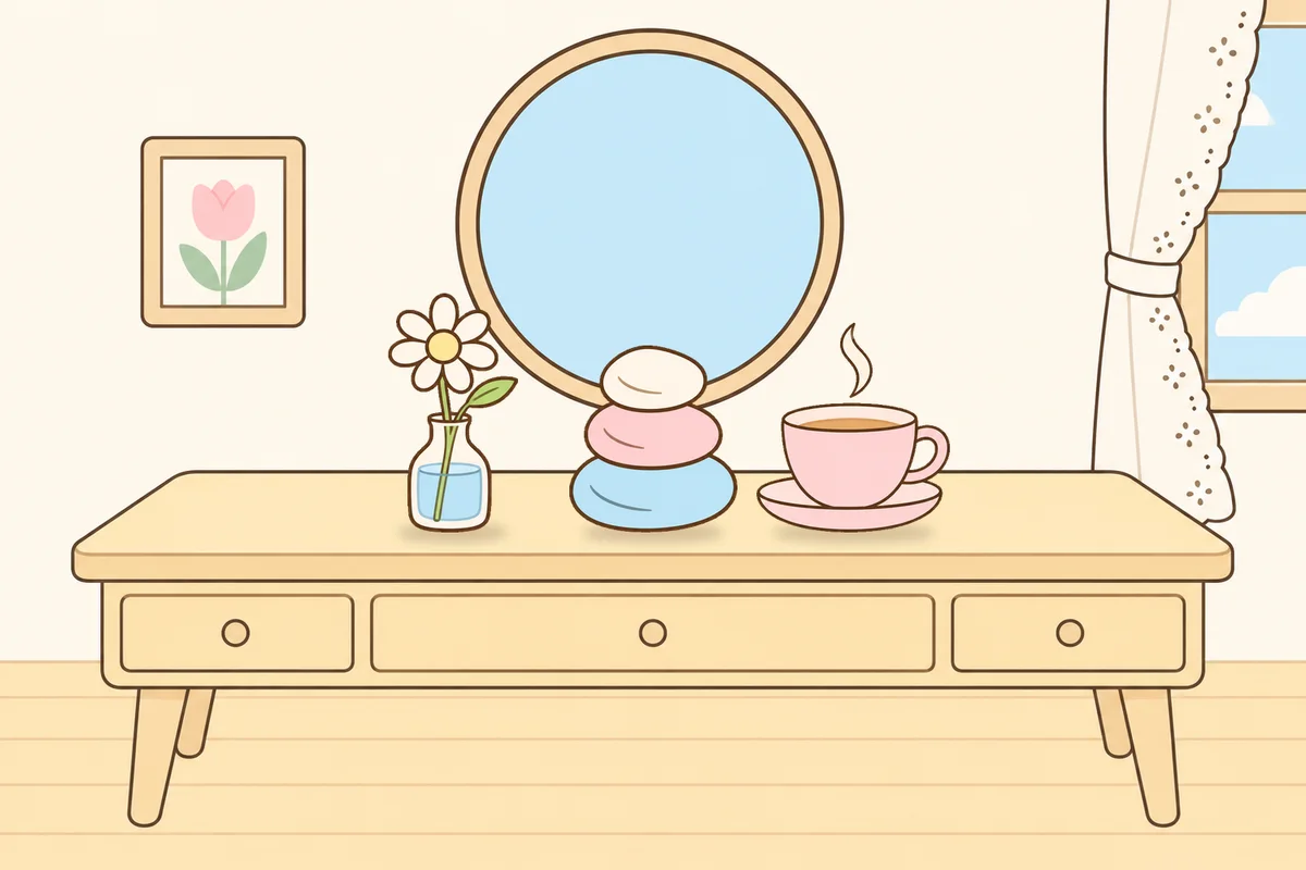 종로 여성전용 두피 케어 안내 그림, 화장대 위의 데이지 꽃병, 조약돌, 찻잔