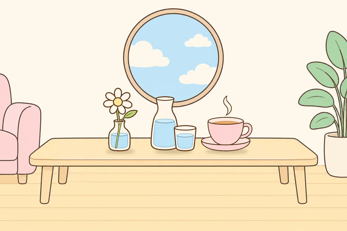 종로 여성전용 어깨 마사지 안내 그림, 거실 원목 테이블 위의 데이지 꽃병, 물병, 찻잔
