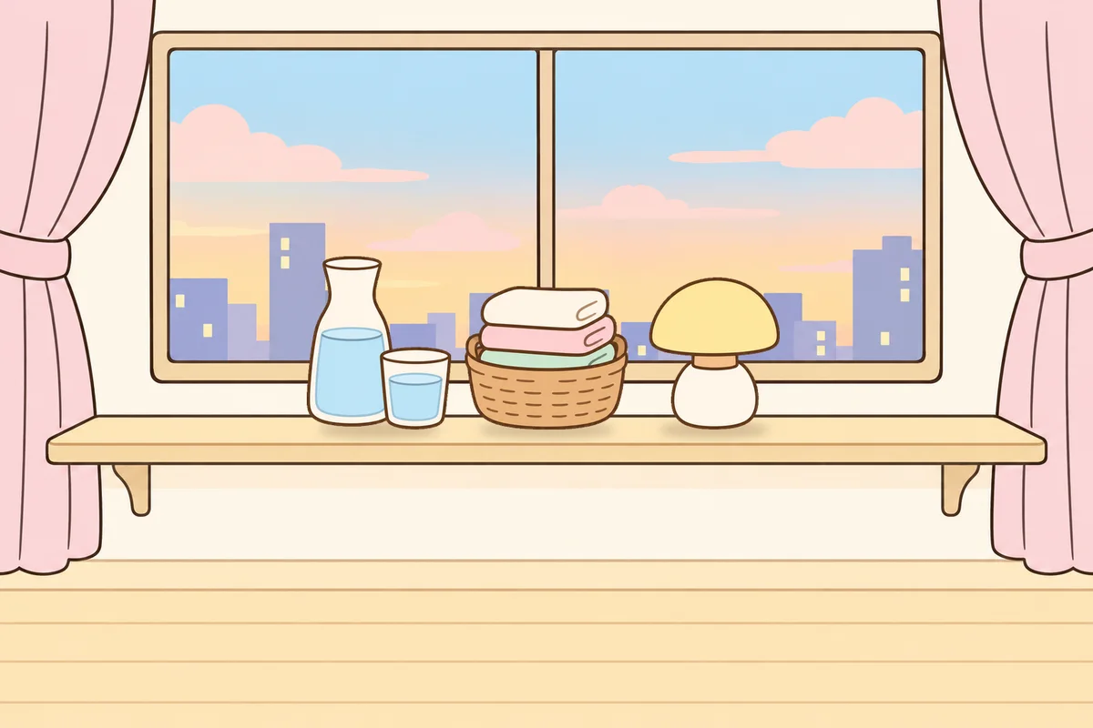 종로 여성전용 스트레스 케어 안내 그림, 호텔 창가 선반 위의 물병, 수건 바구니, 무드등