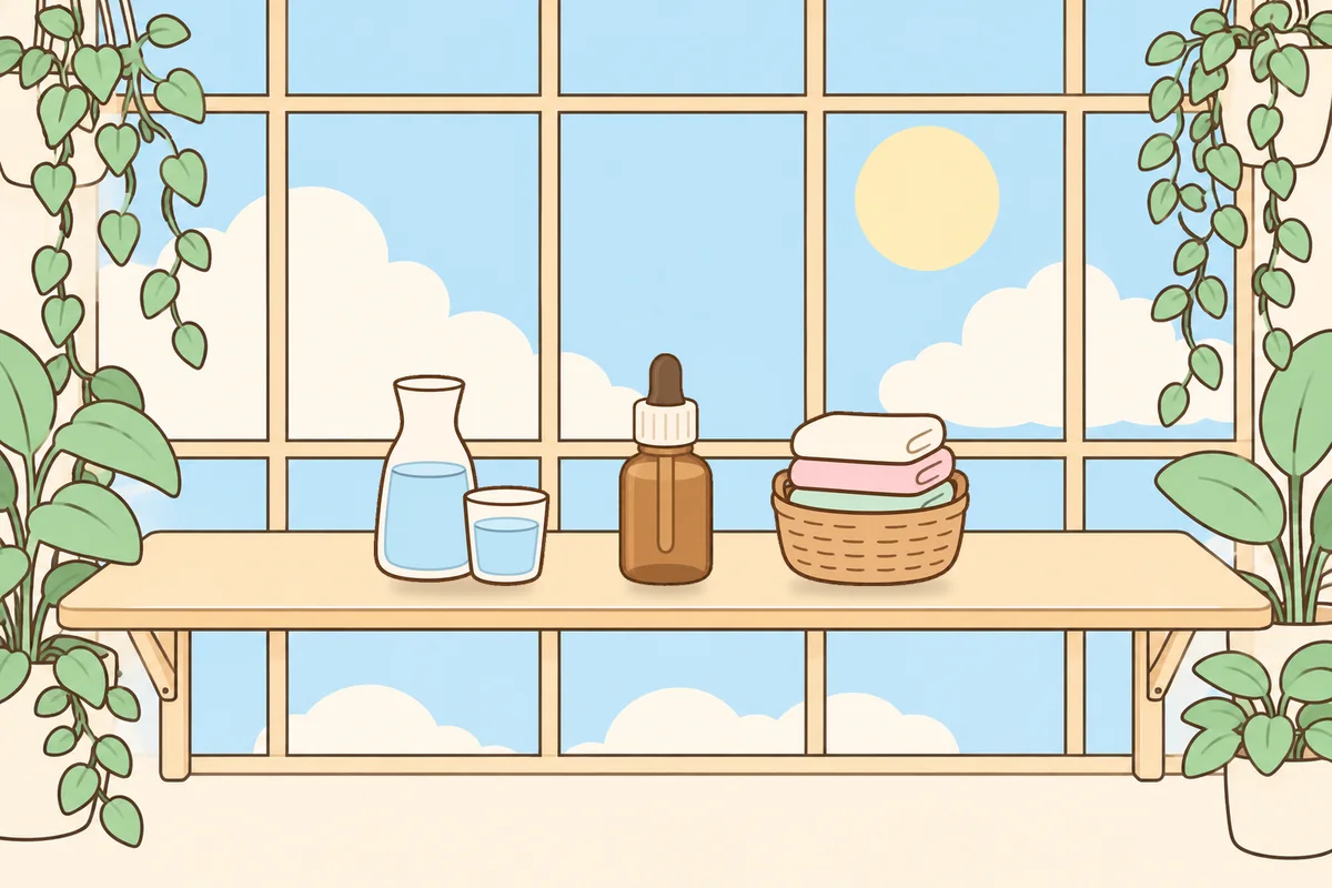 종로 여성전용 피로 회복 마사지 안내 그림, 햇살 드는 창가 선반 위의 물병, 오일병, 수건 바구니