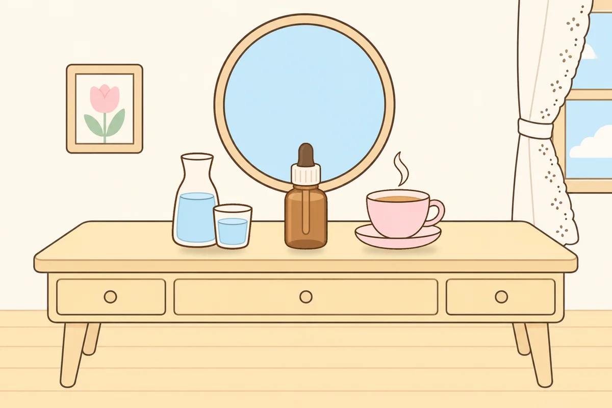 종로 여성전용 페이셜 마사지 안내 그림, 화장대 위의 물병, 오일병, 찻잔