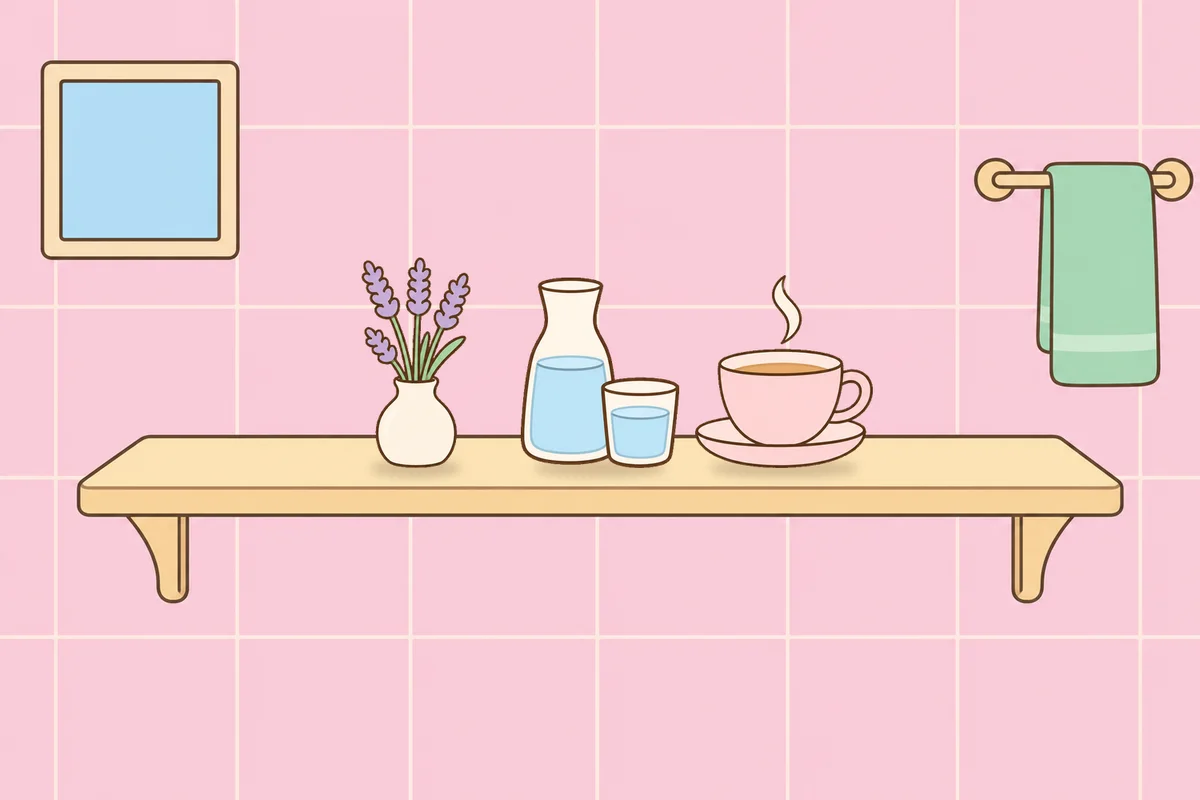 종로 여성전용 림프 페이셜 안내 그림, 파우더룸 선반 위의 라벤더 꽃병, 물병, 찻잔