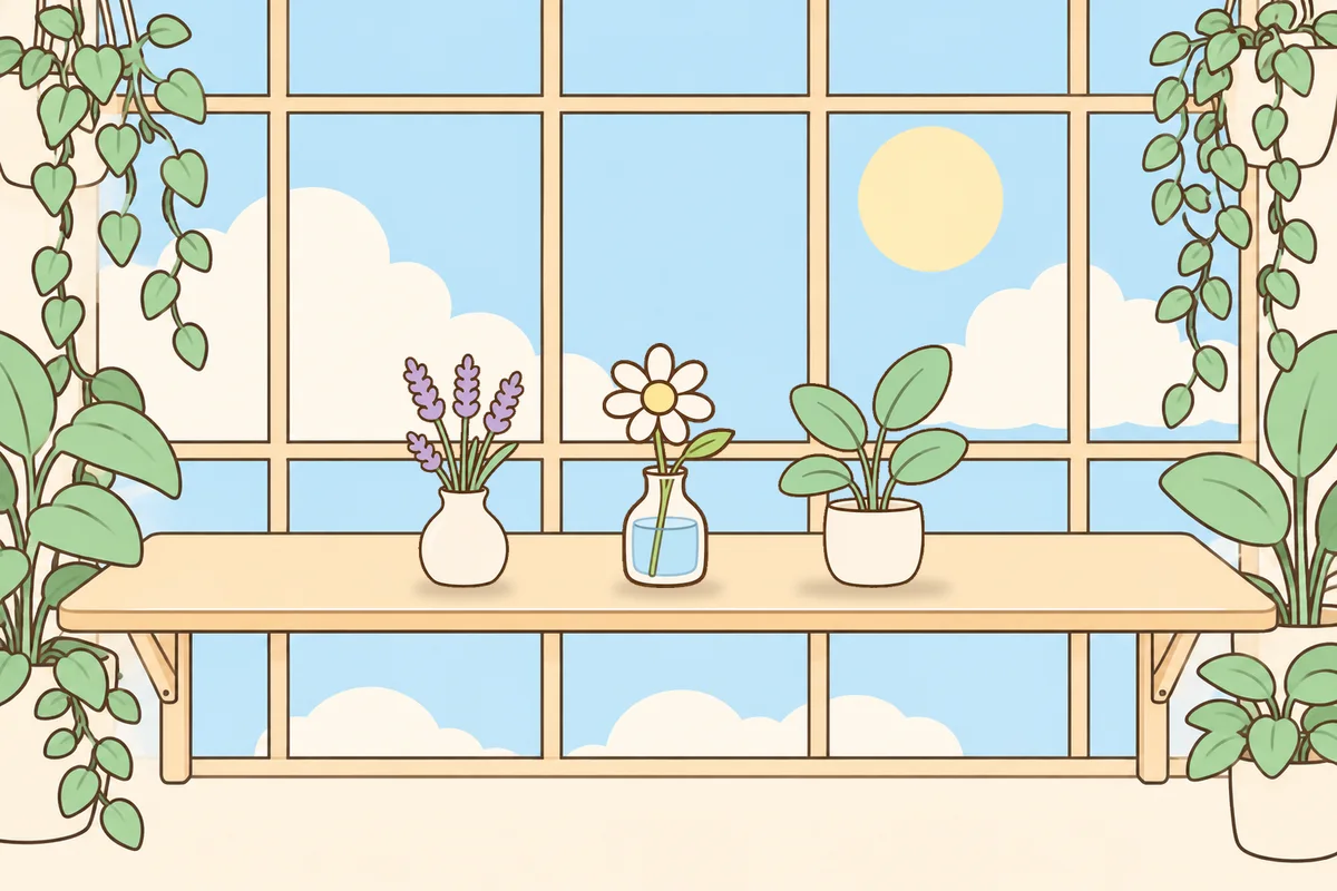 종로 여성전용 브라이덜 케어 안내 그림, 햇살 드는 창가 선반 위의 라벤더 꽃병, 데이지 꽃병, 화분