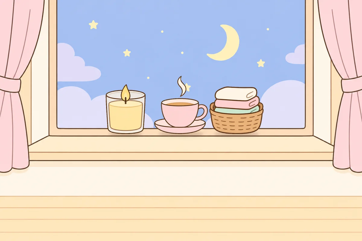 종로 여성전용 마사지샵 안내 그림, 밤 창가 창턱 위의 향초, 찻잔, 수건 바구니