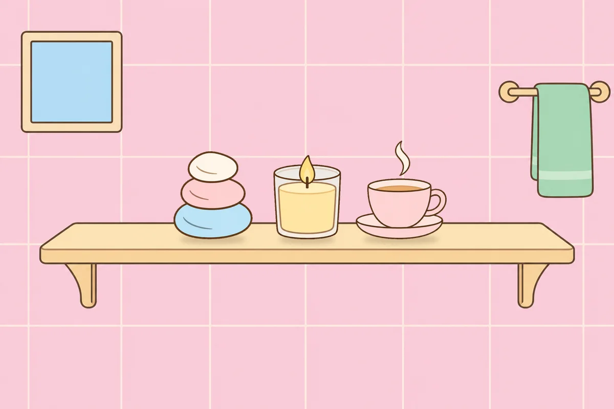 종로 여성전용 마사지 예약 안내 그림, 파우더룸 선반 위의 조약돌, 향초, 찻잔