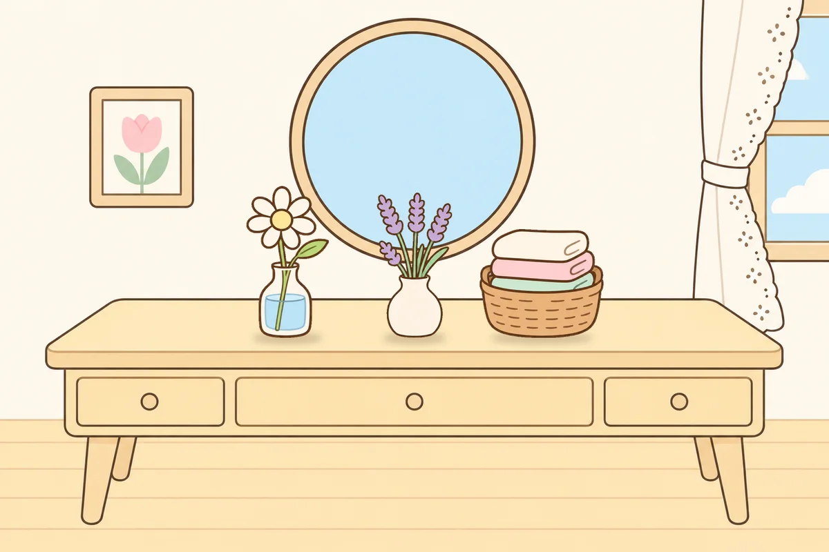 종로 여성전용 마사지 후기 안내 그림, 화장대 위의 데이지 꽃병, 라벤더 꽃병, 수건 바구니