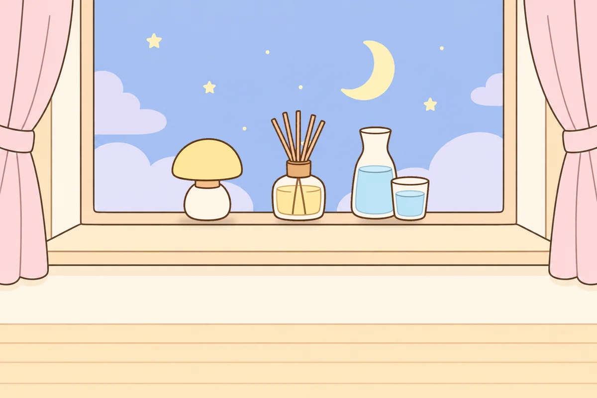 중구 여성전용 라벤더 아로마 안내 그림, 밤 창가 창턱 위의 무드등, 디퓨저, 물병