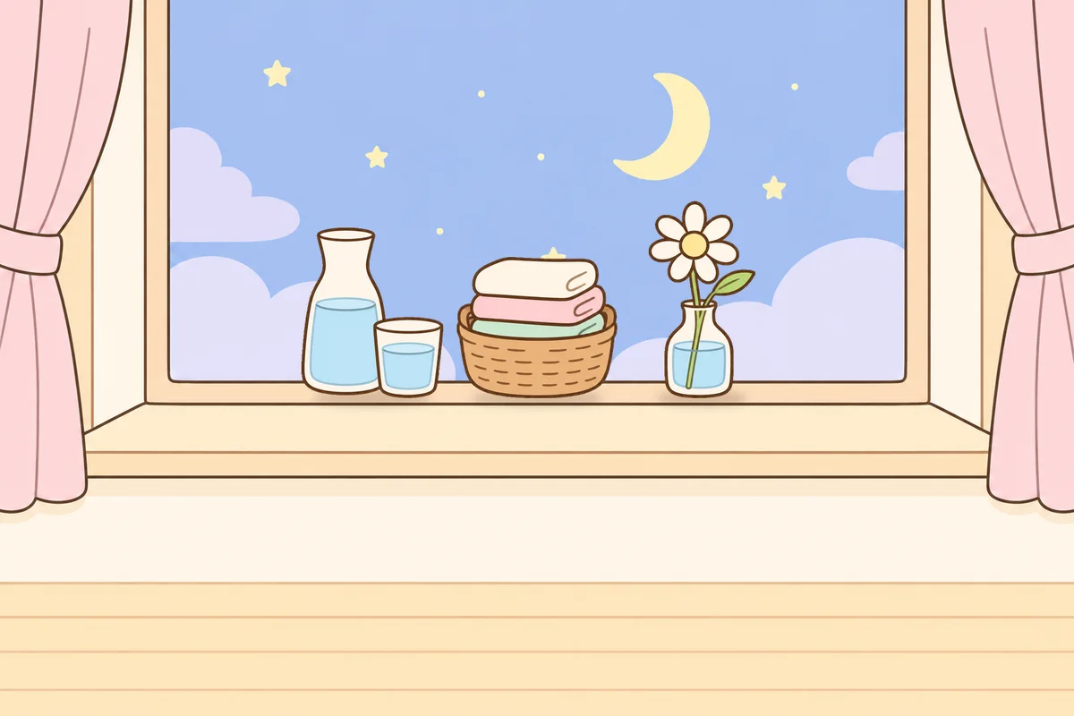 중구 여성전용 발관리 안내 그림, 밤 창가 창턱 위의 물병, 수건 바구니, 데이지 꽃병