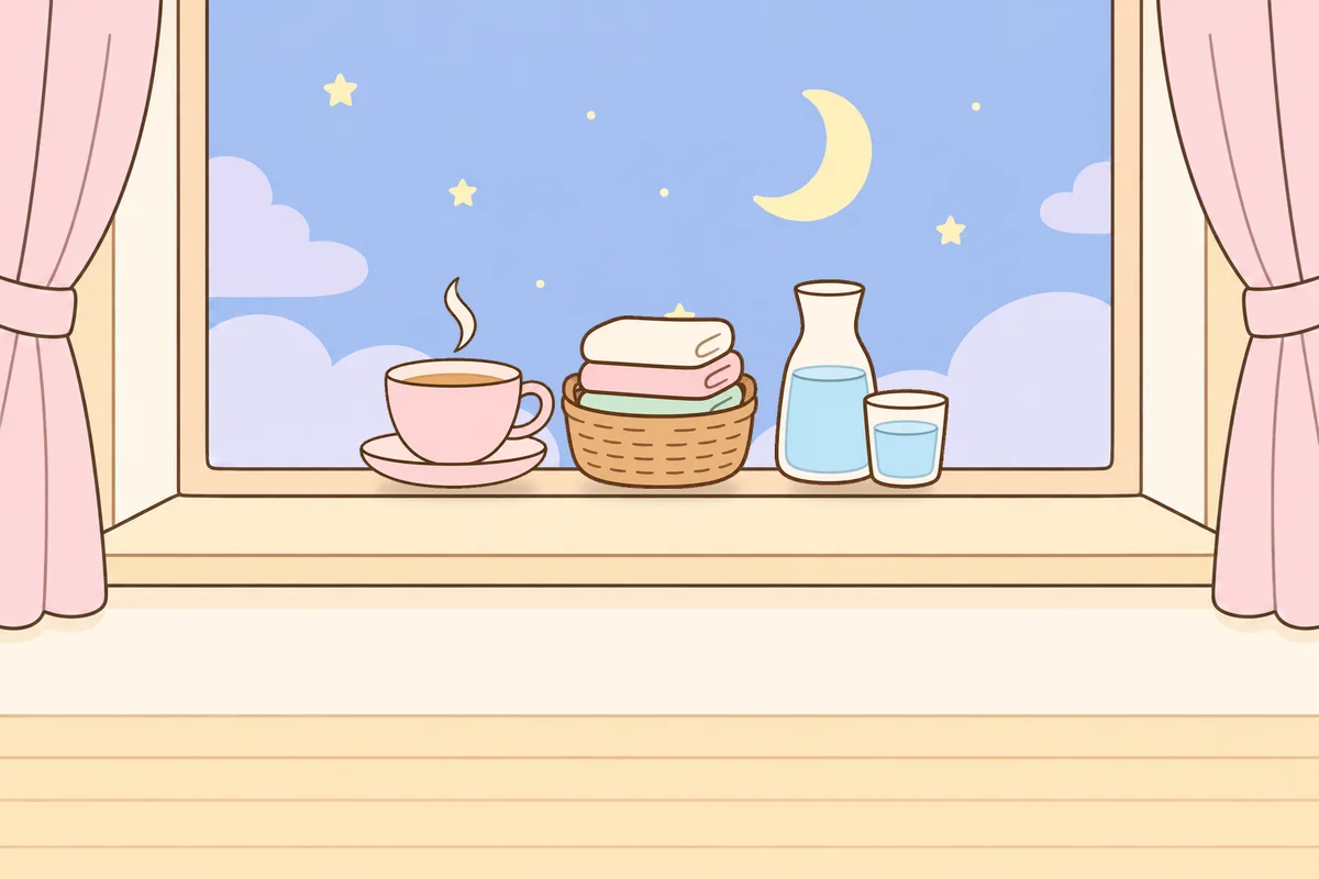 중구 여성전용 부종 케어 안내 그림, 밤 창가 창턱 위의 찻잔, 수건 바구니, 물병