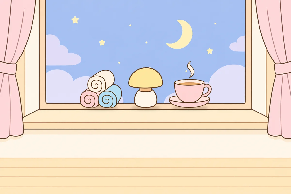 중구 여성전용 종아리 케어 안내 그림, 밤 창가 창턱 위의 수건, 무드등, 찻잔