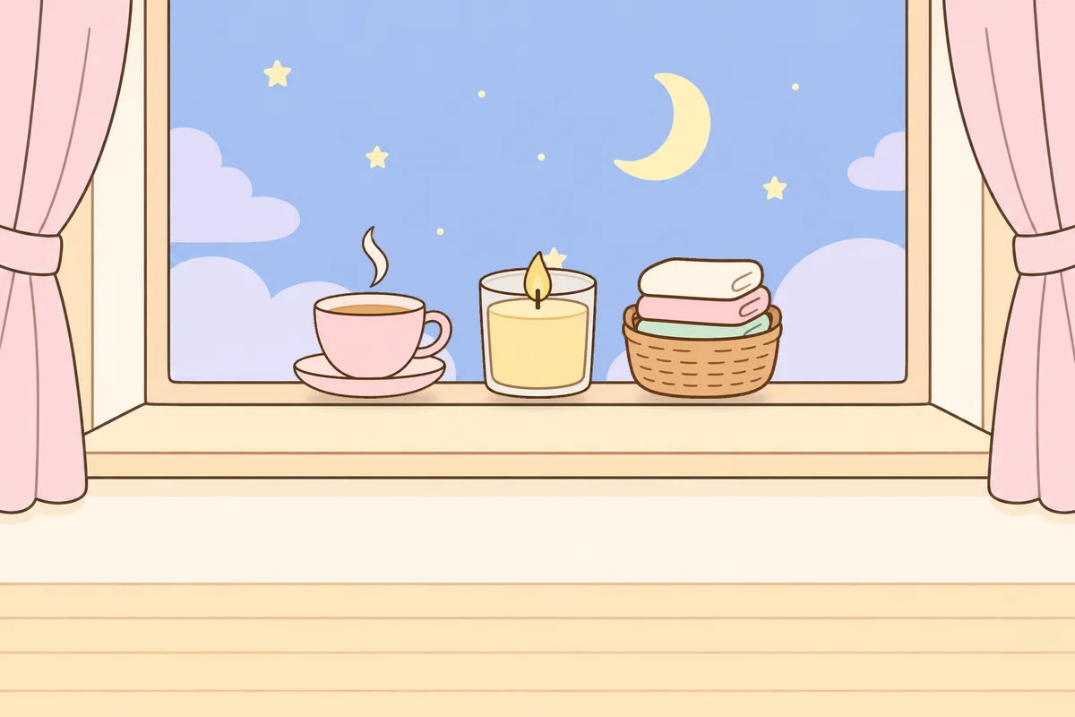 중랑구 여성전용 아로마 마사지 후기 안내 그림, 밤 창가 창턱 위의 찻잔, 향초, 수건 바구니