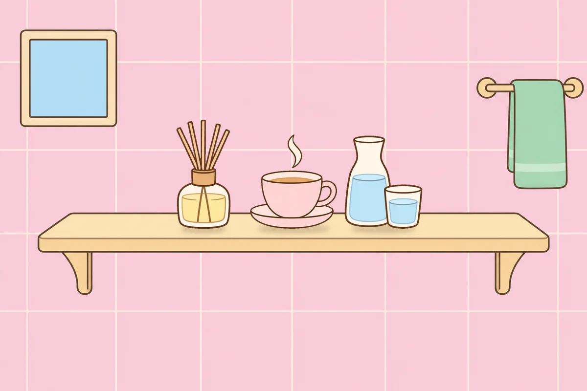 중랑구 여성전용 경락 마사지 안내 그림, 파우더룸 선반 위의 디퓨저, 찻잔, 물병