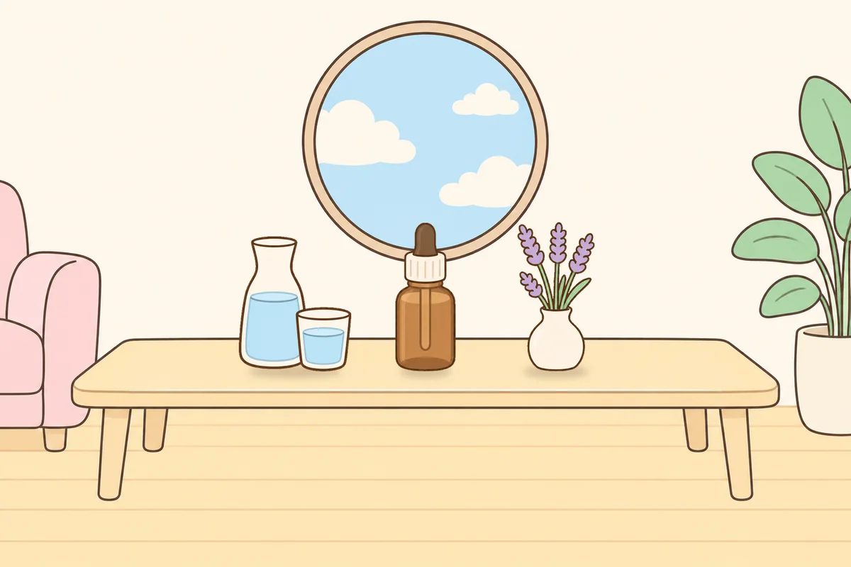 중랑구 여성전용 경락 케어 안내 그림, 거실 원목 테이블 위의 물병, 오일병, 라벤더 꽃병