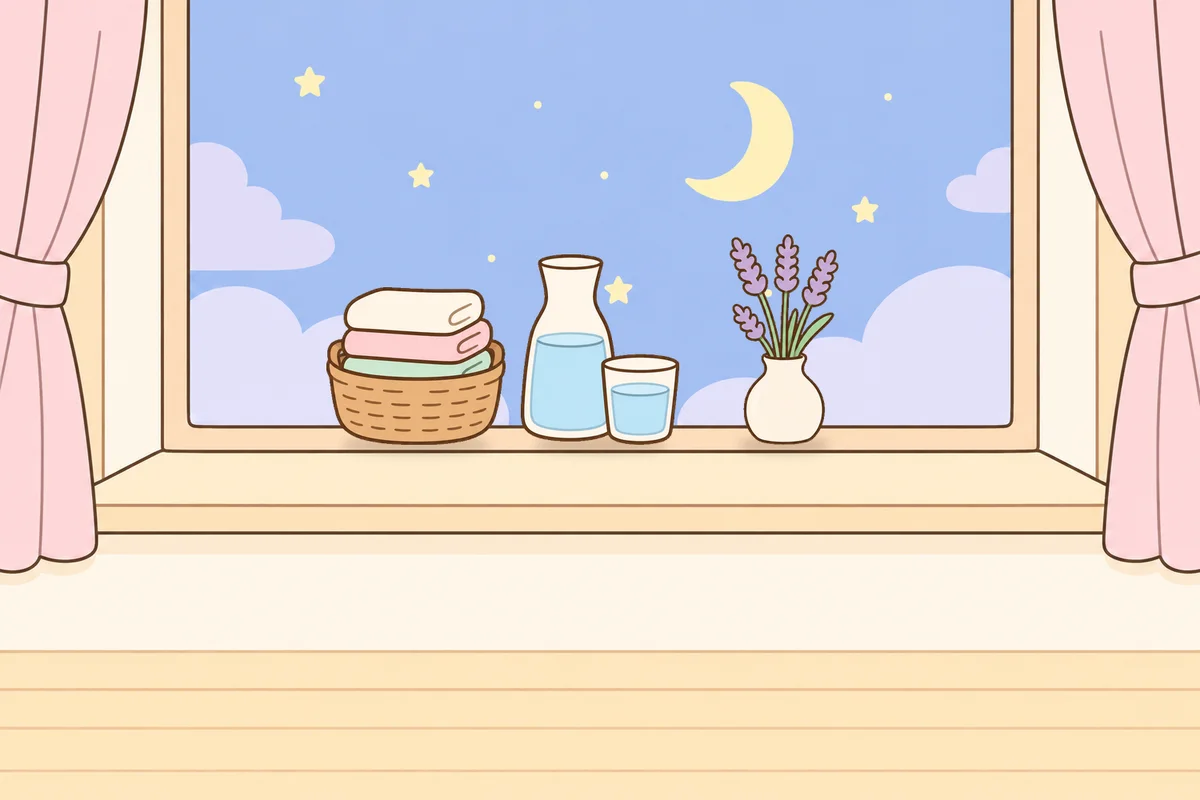 중랑구 여성전용 바디 경락 안내 그림, 밤 창가 창턱 위의 수건 바구니, 물병, 라벤더 꽃병
