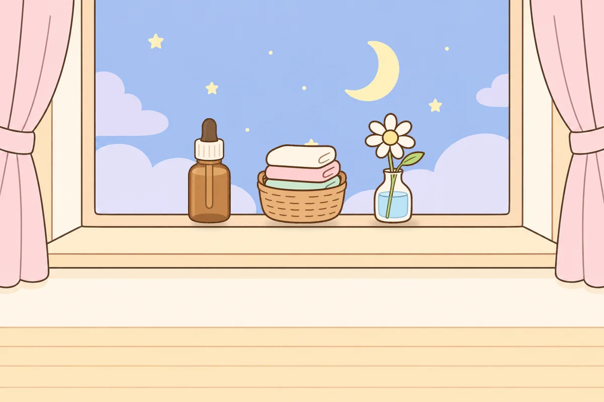 중랑구 여성전용 방문 마사지 안내 그림, 밤 창가 창턱 위의 오일병, 수건 바구니, 데이지 꽃병